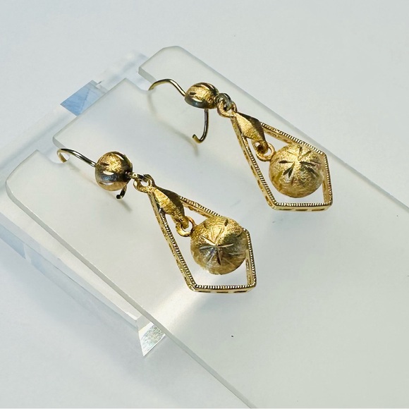 14k Yellow Gold MCM Brushed Gold Dangle Drop Earrings - Picture 2 of 7